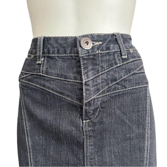 Vintage 1980 MOTTO black denim midi skirt trumpet flounce fit-n-flare women’s 12 - Picture 2 of 15